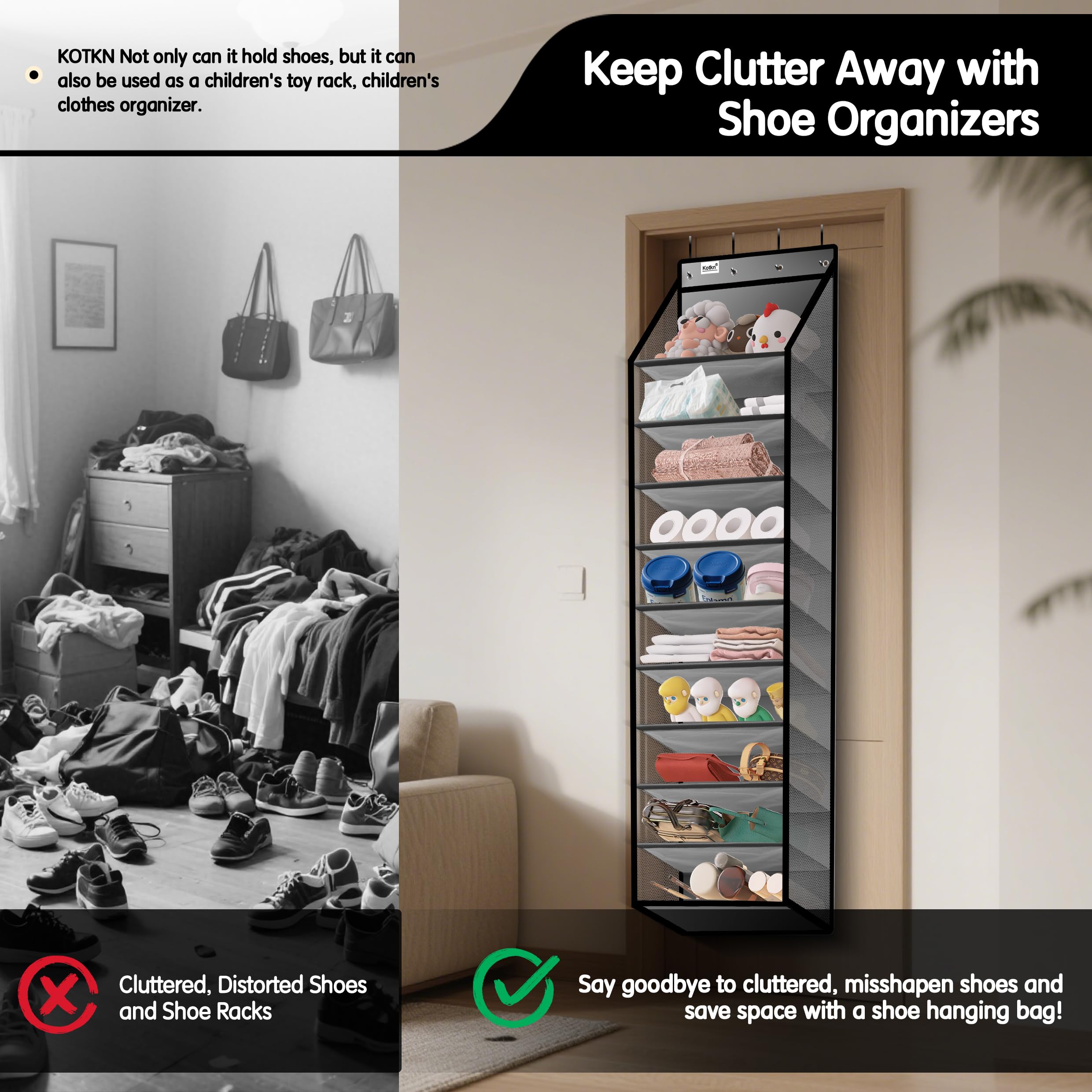 Kotkn breathable mesh and durable fabric support lasting, tidy storage.