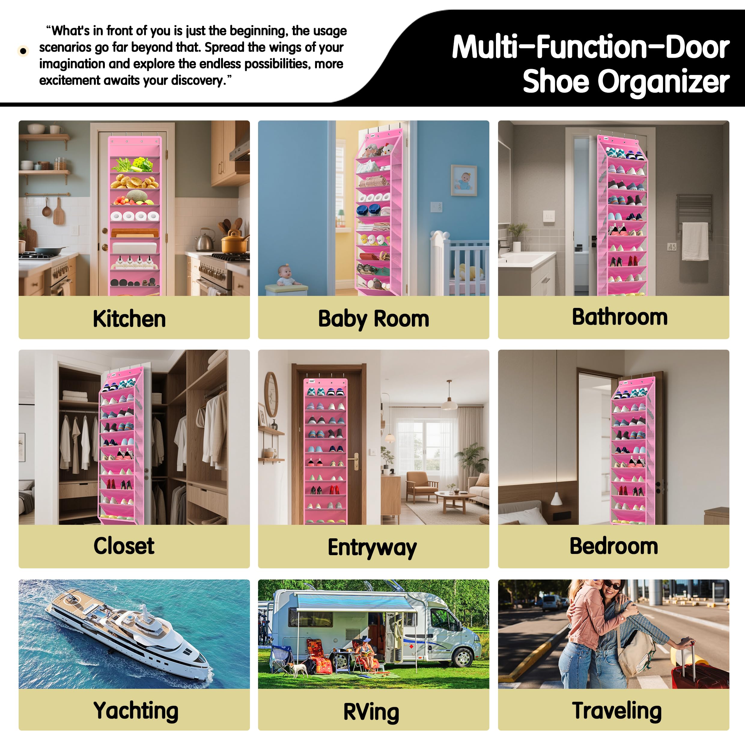 Kotkn door organizer used in a closet to keep footwear neatly arranged and off the floor.