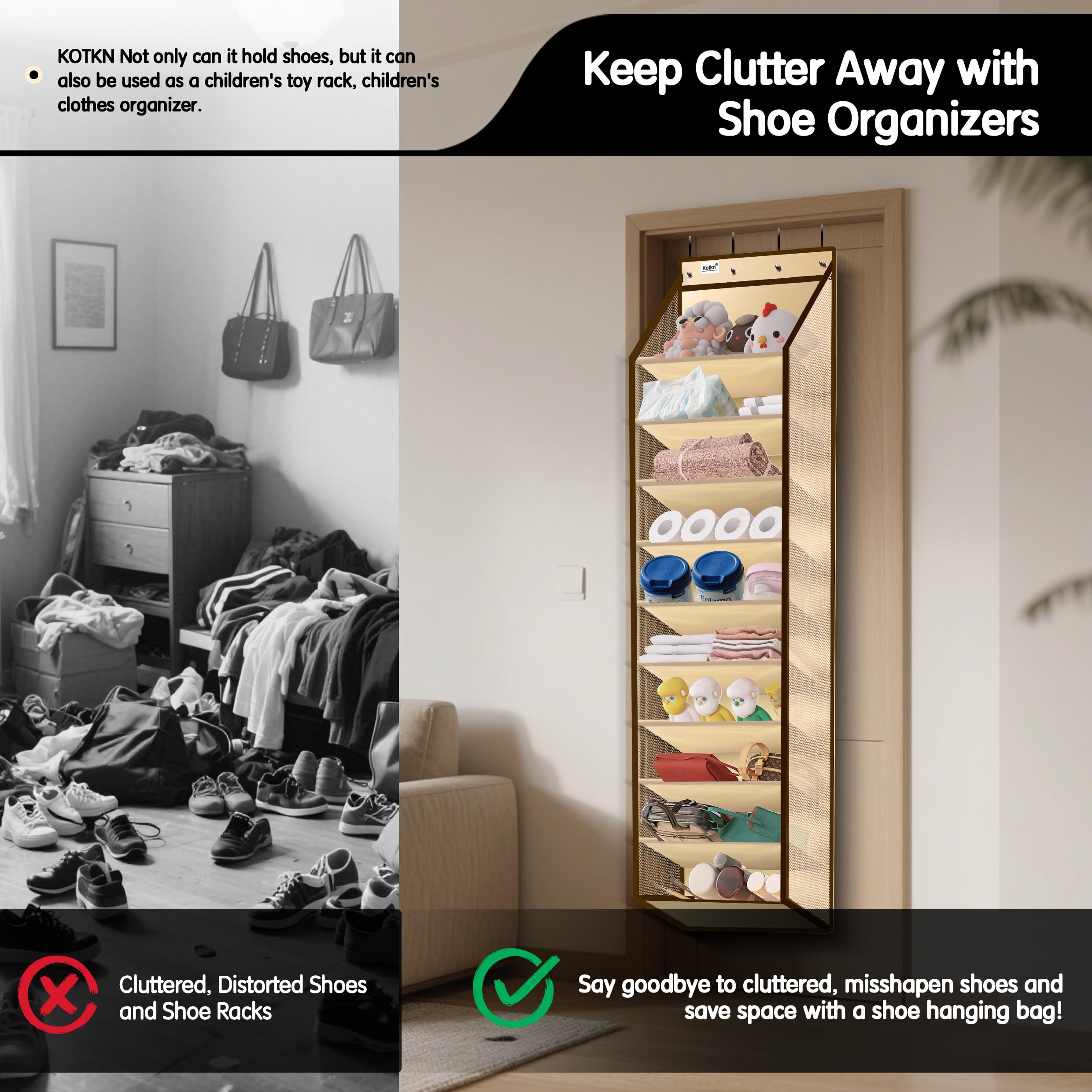 Kotkn door hooks in use demonstrate tool-free installation.