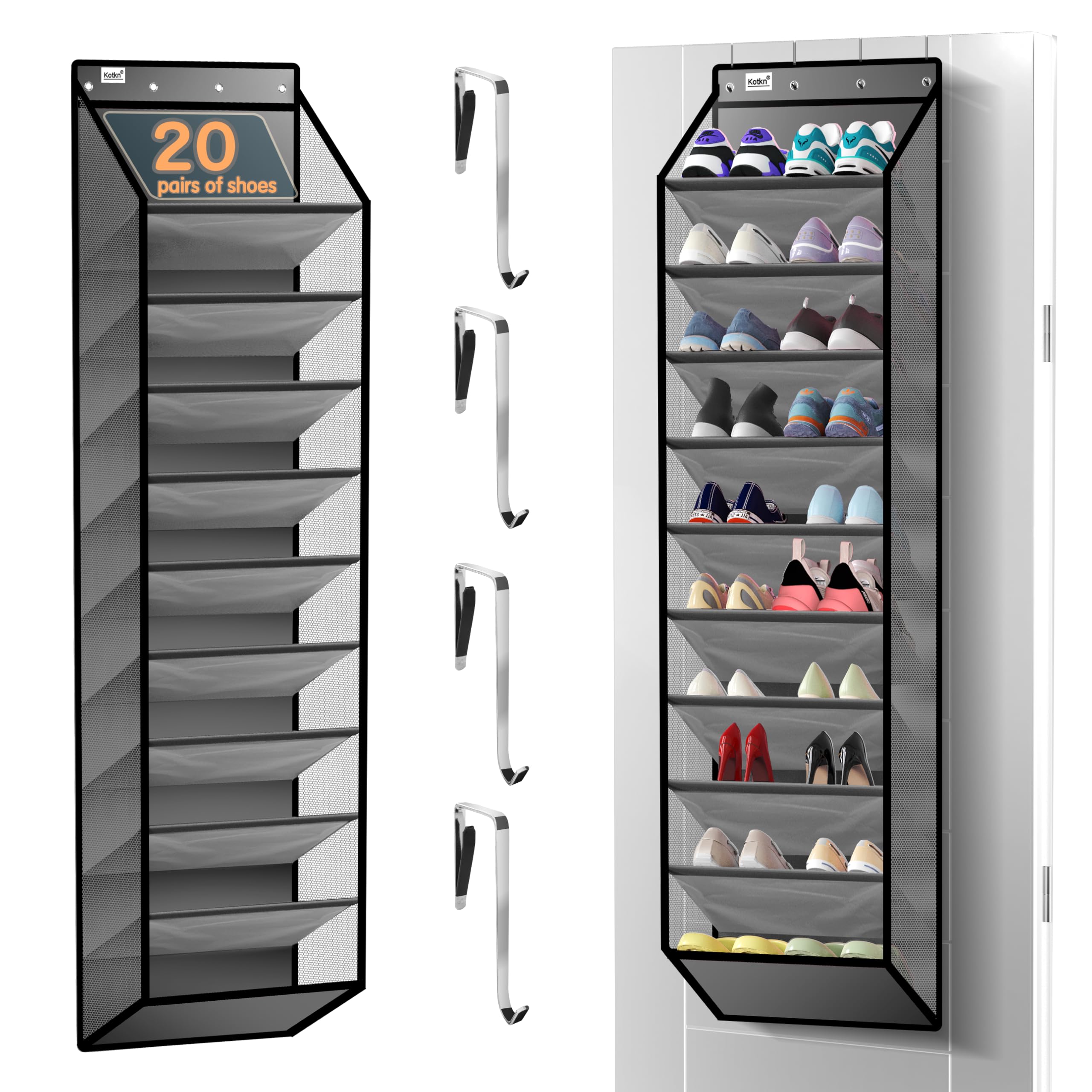 Kotkn 10-tier over-the-door organizer with deep pockets keeps boots organized and visible.