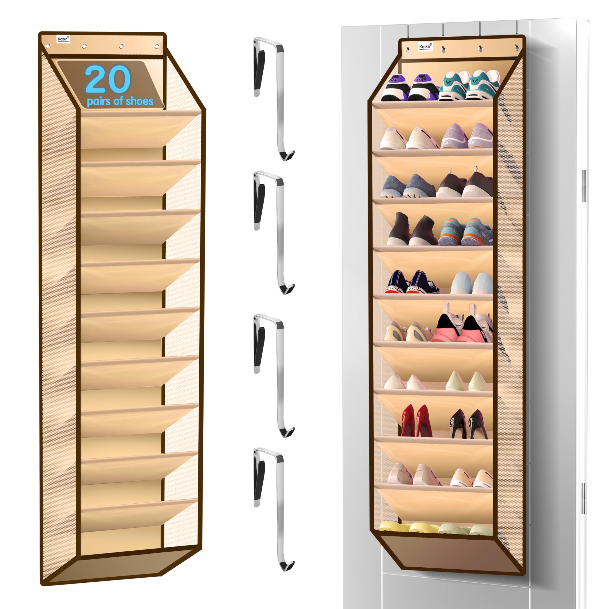 Kotkn 10-tier over-the-door organizer front view; spacious pockets store many shoes.
