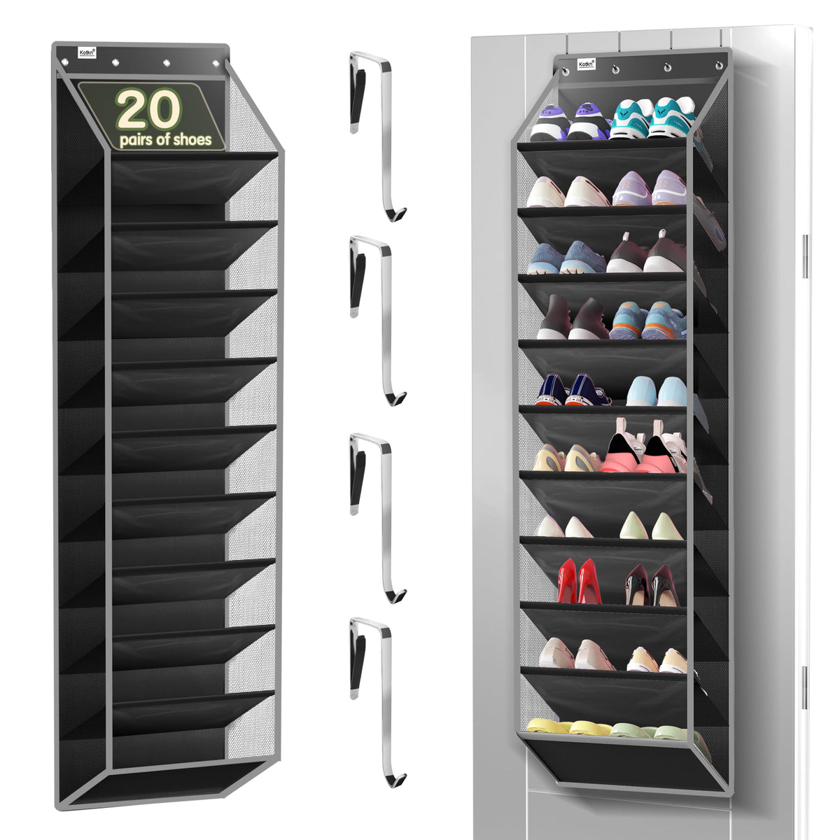Kotkn 10-tier over-the-door organizer full unit maximizes shoe storage and tidy closet.