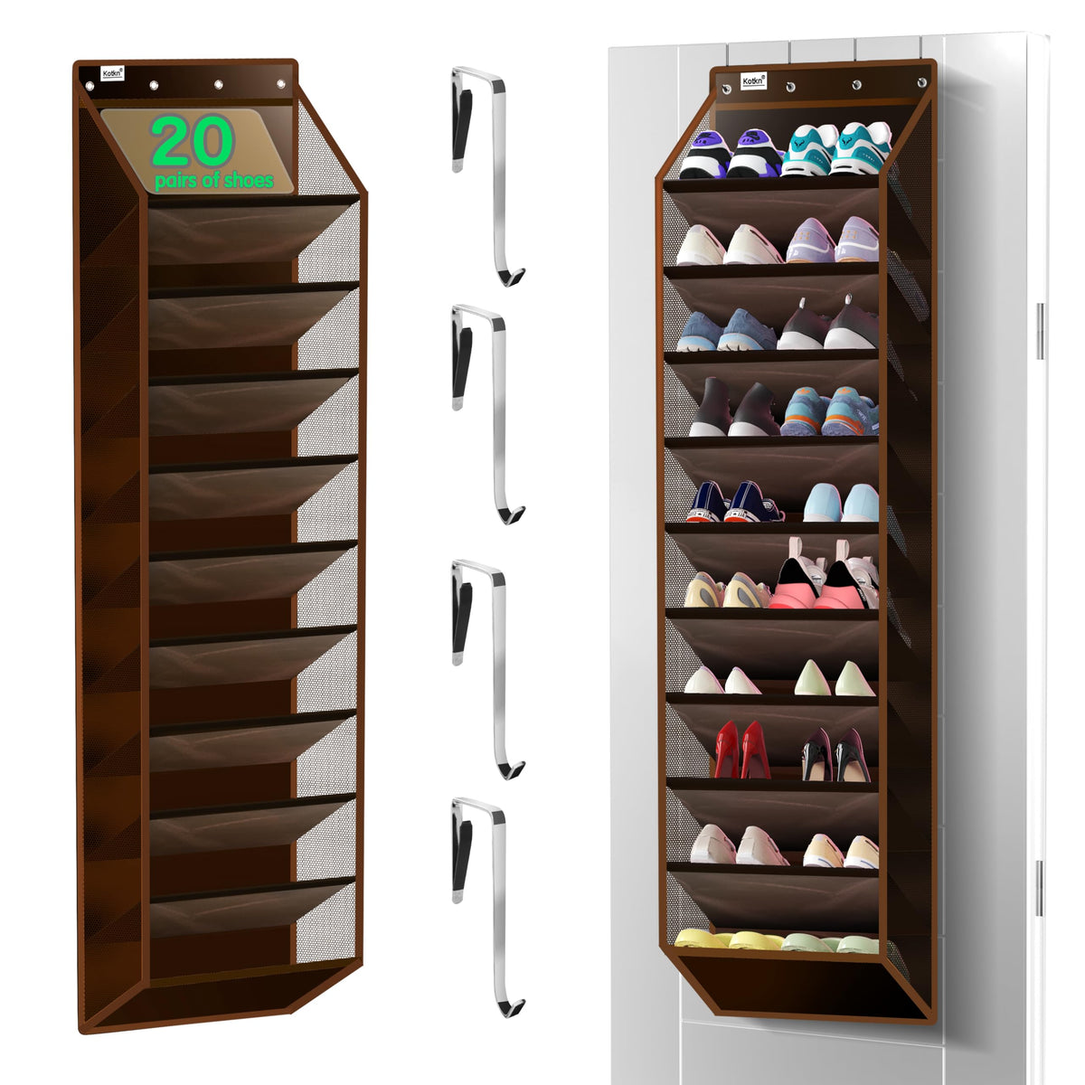 Kotkn over-the-door organizer on a door showcasing tall capacity for shoes and clutter reduction.