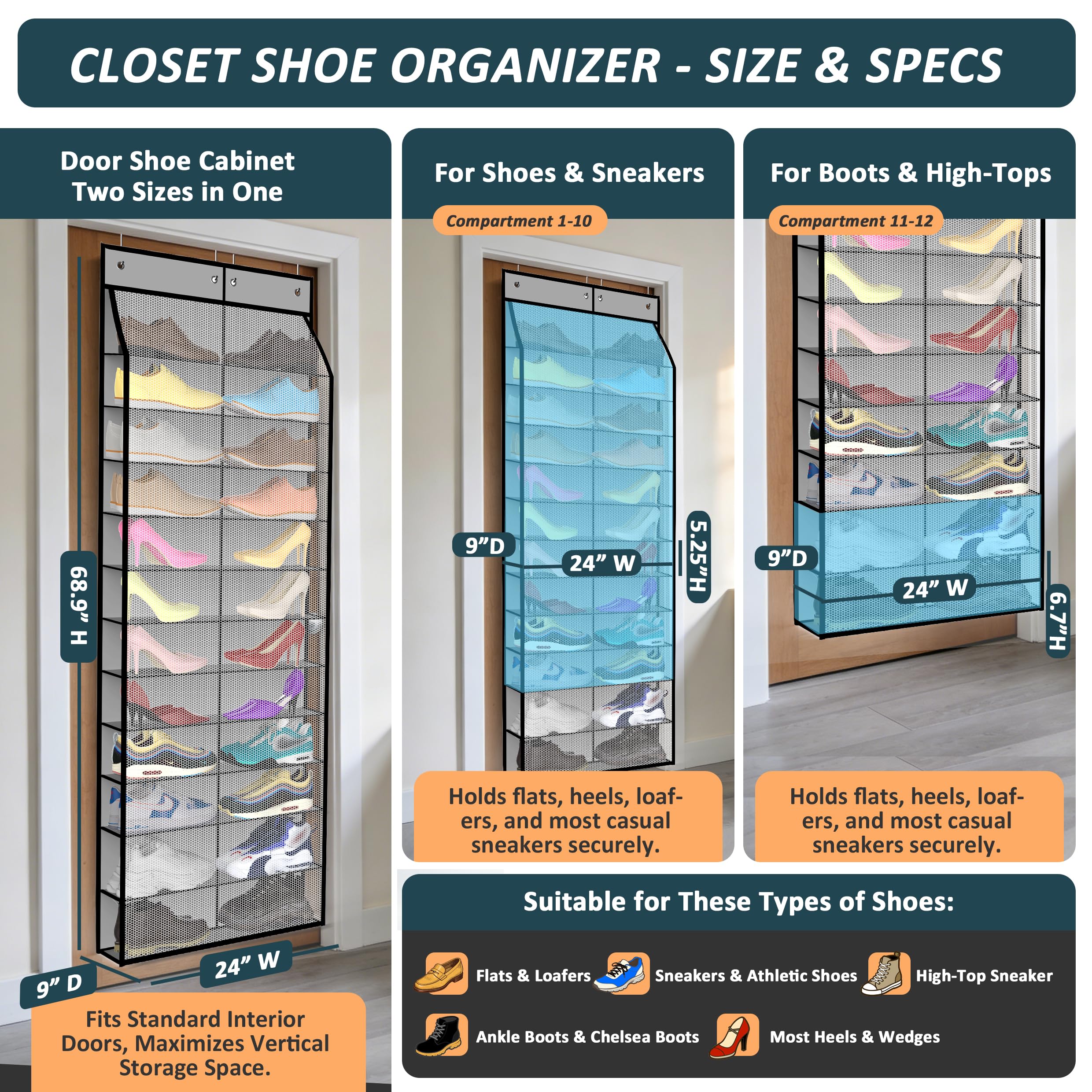 Kotkn over door organizer bottom-deep-pockets ideal for boots and tall footwear.