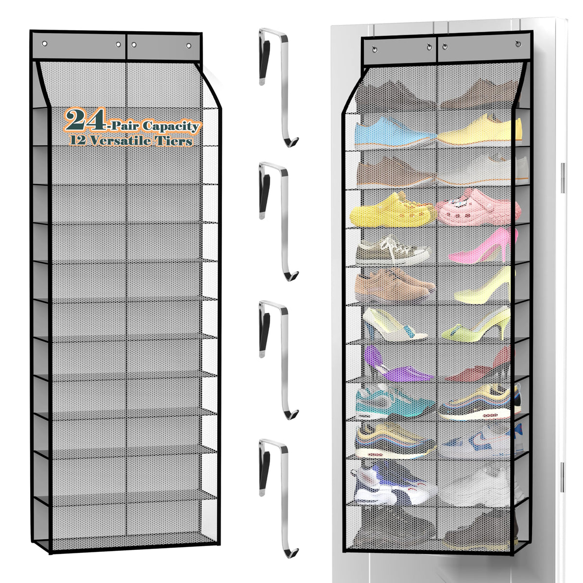 Kotkn 24-Pair Over Door Organizer front view showing full capacity for quick sneaker selection.