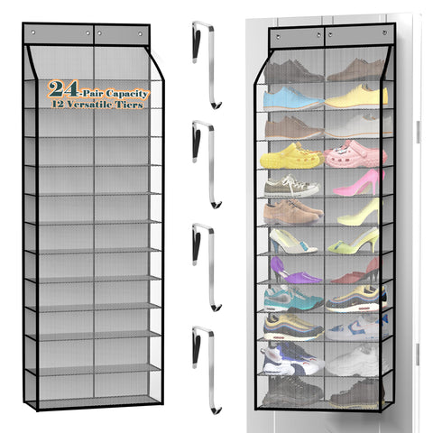 Kotkn 24-Pair Over Door Organizer front view showing full capacity for quick sneaker selection.