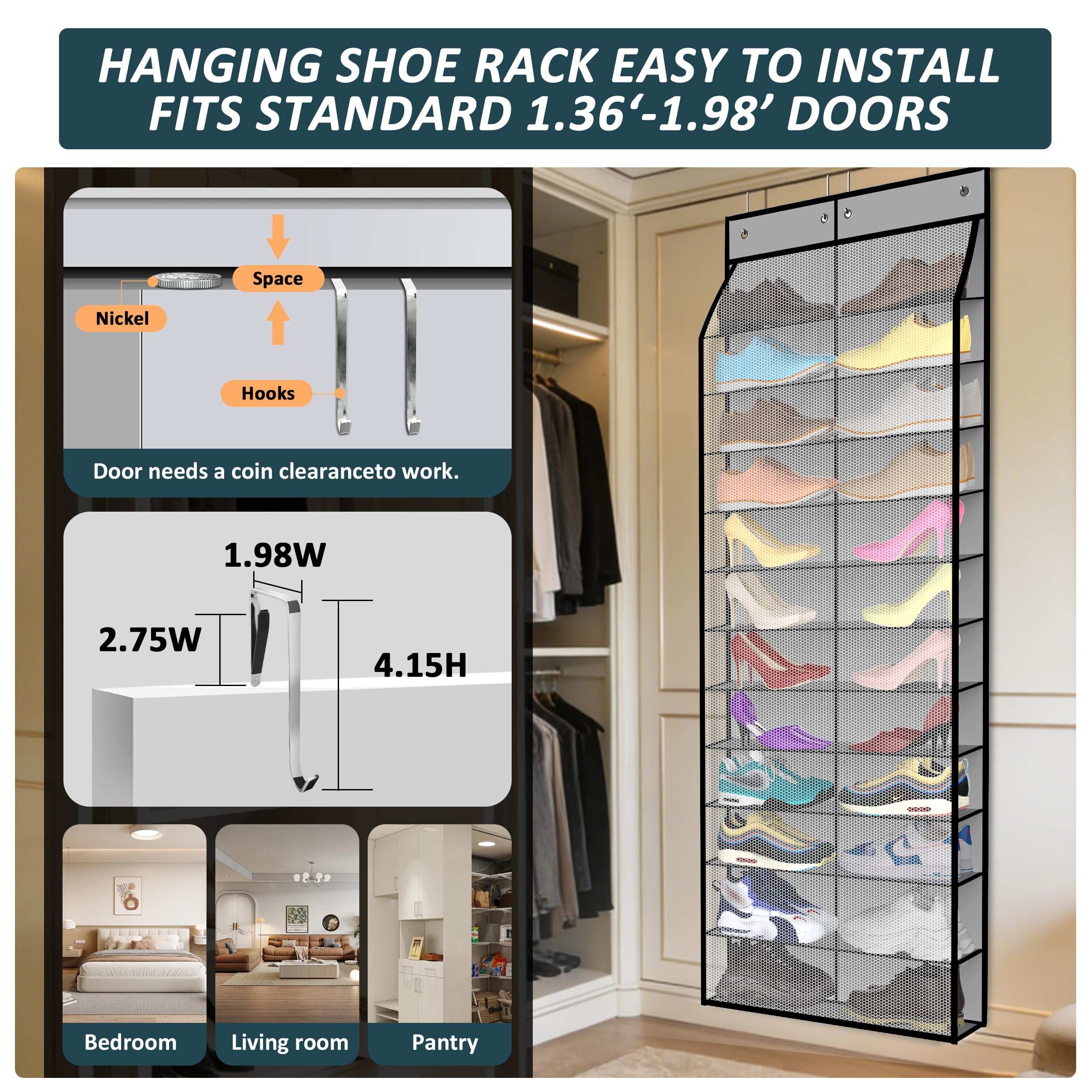 Kotkn adjustable hanging hooks with non-slip sleeves keep the rack secure.