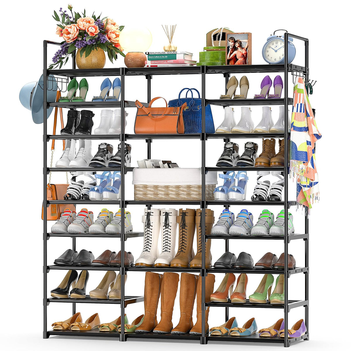 Kottwca 9-Tier shoe rack front view shows sturdy, space-saving design and up to 55-pair capacity