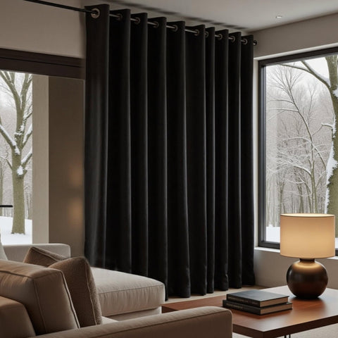 KOUFALL blackout curtains 84-inch length panel draped for immersive room darkening.