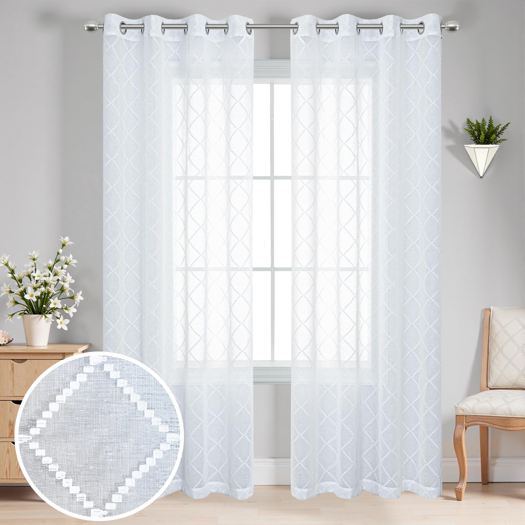 KOUFALL diamond pattern sheer curtains add a modern touch to living rooms.