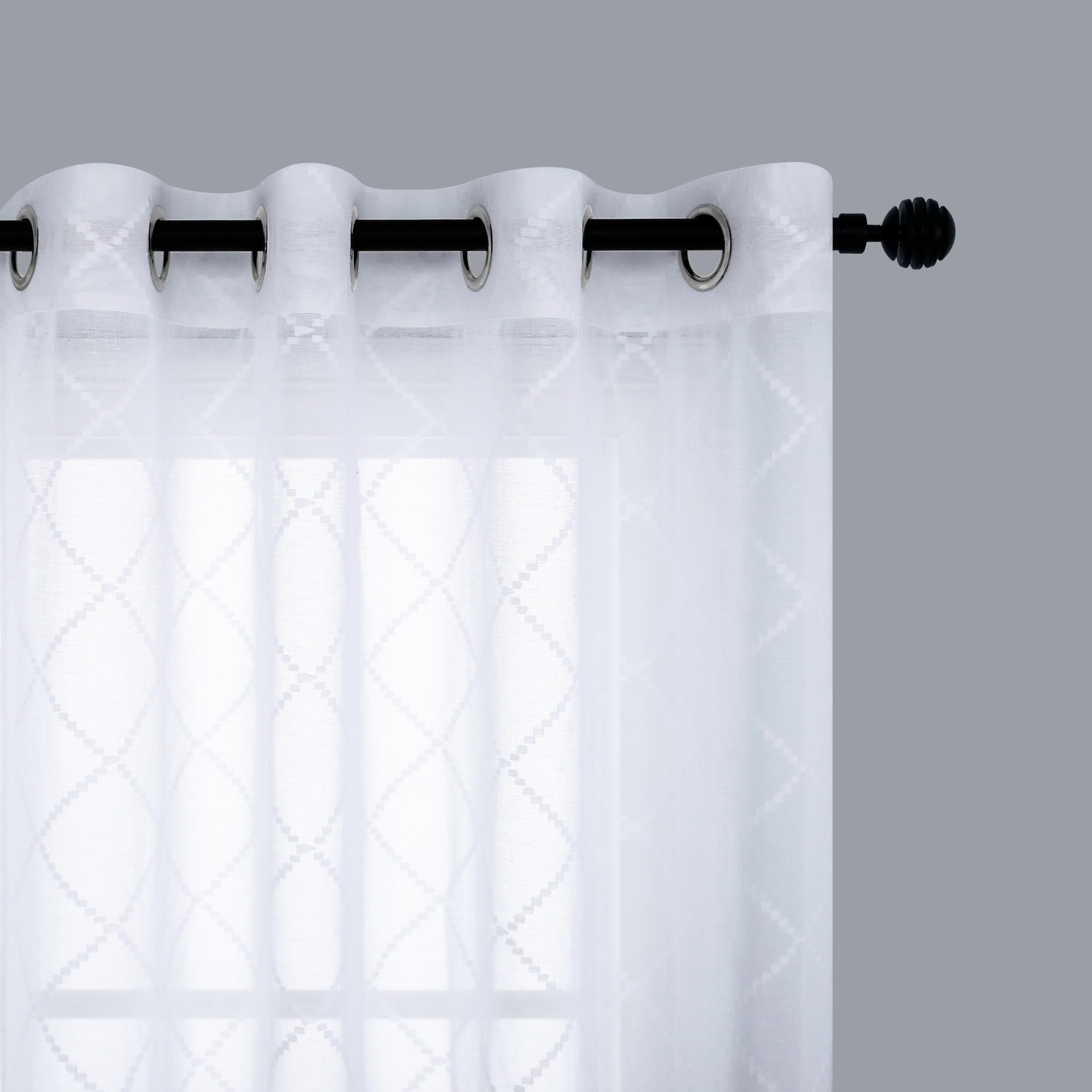 KOUFALL white sheer curtains with diamond embroidery, 52-inch panel for soft light diffusion.