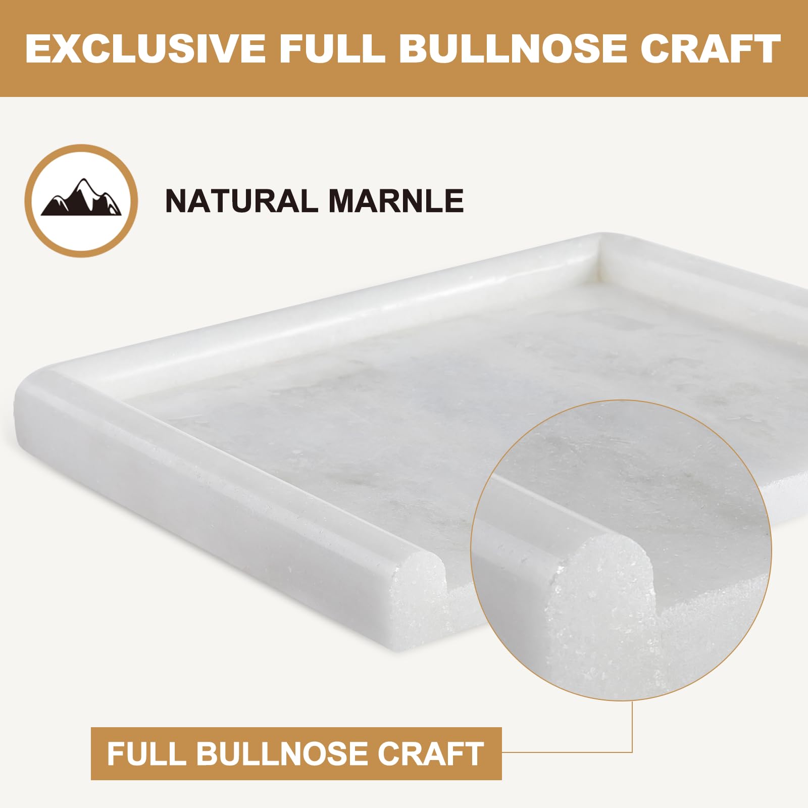 Koville full bullnose edge closeup highlights smooth, premium craftsmanship