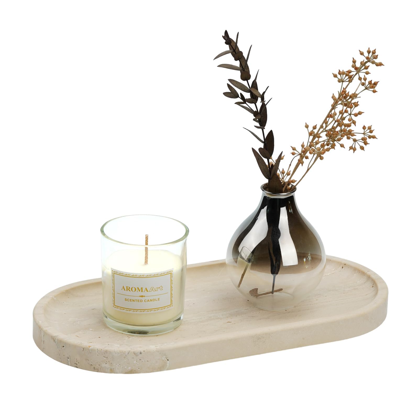 Koville Italian Travertine Tray on vanity organizes jewelry and perfume with warm elegance.
