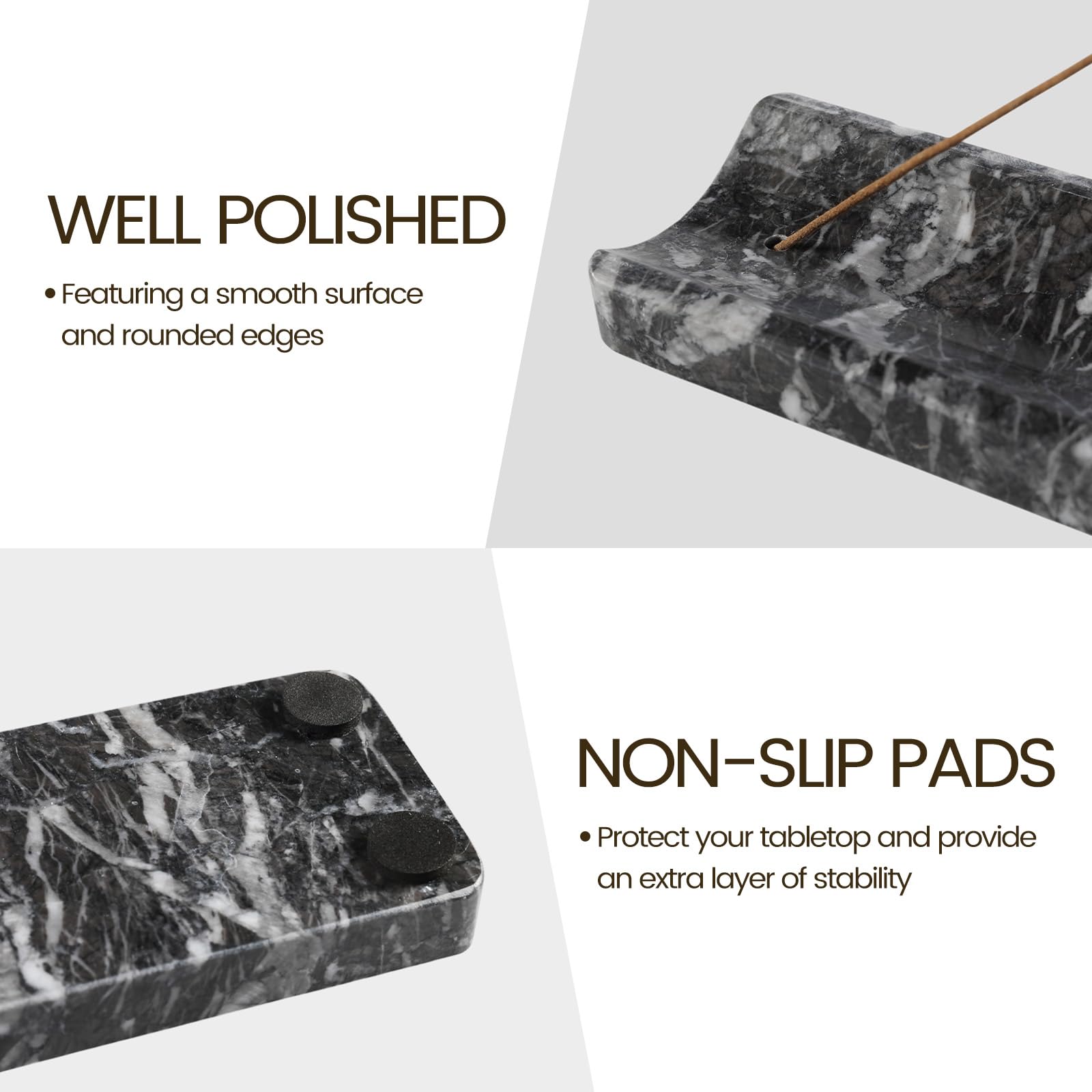 Koville incense holder with non-slip bottom protects surfaces during use.
