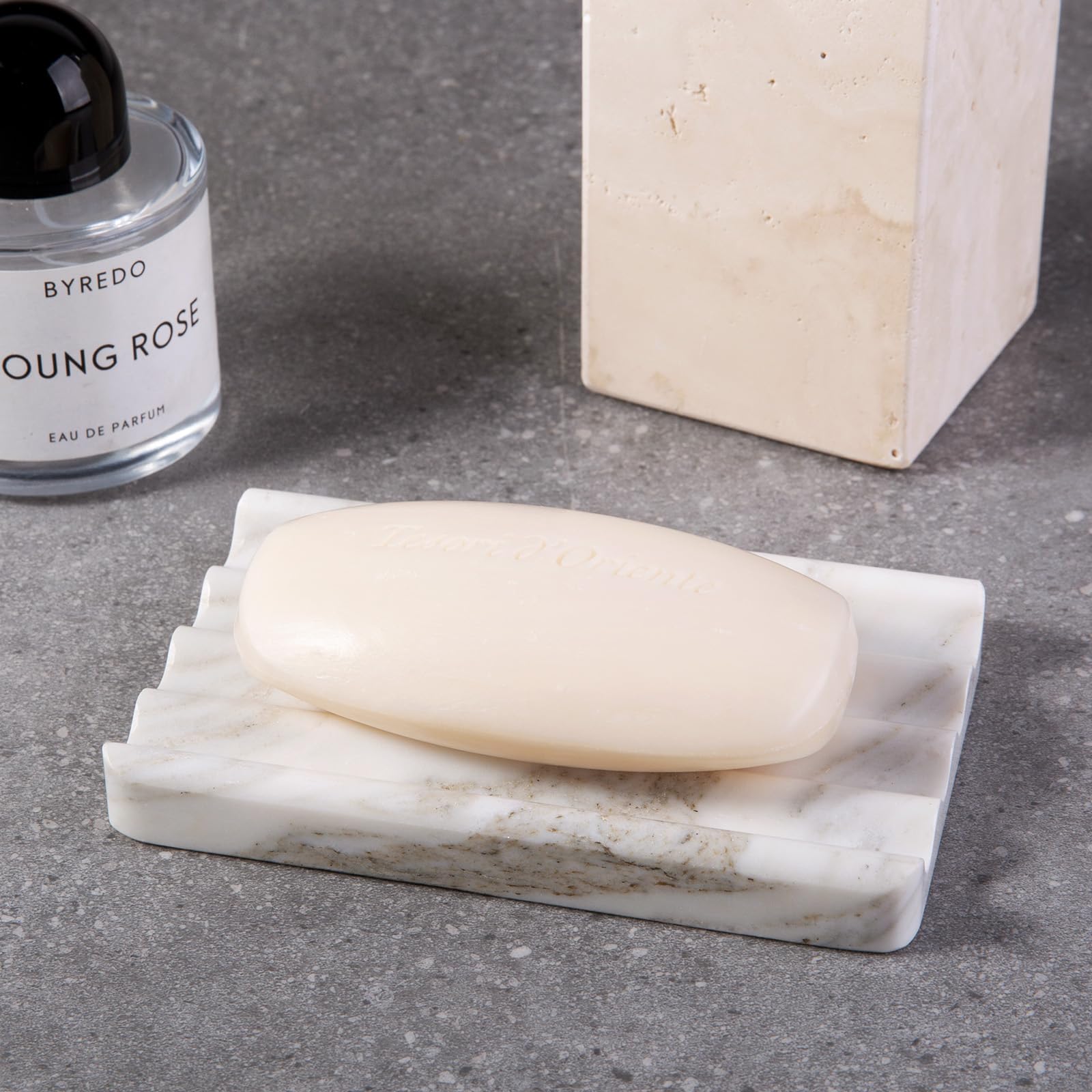 Koville marble soap dish 2 pack on display for coordinated baths.