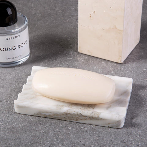 Koville marble soap dish 2 pack on display for coordinated baths.