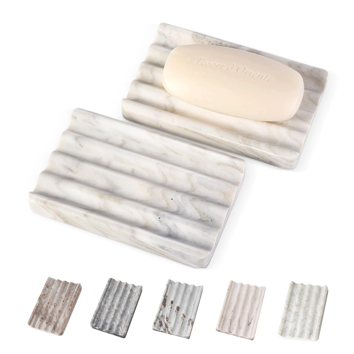 Koville marble soap dish white brown front view keeps soap dry and accessible.