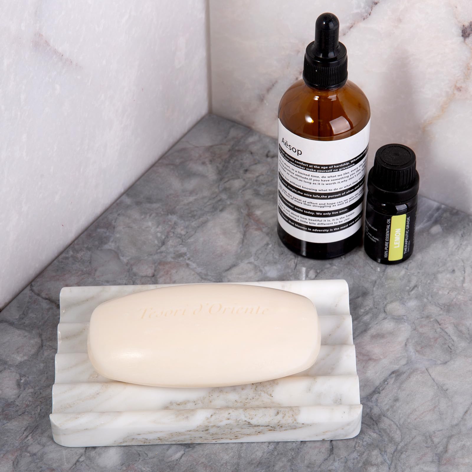 Koville marble soap dish in a bathroom setting complements natural decor.