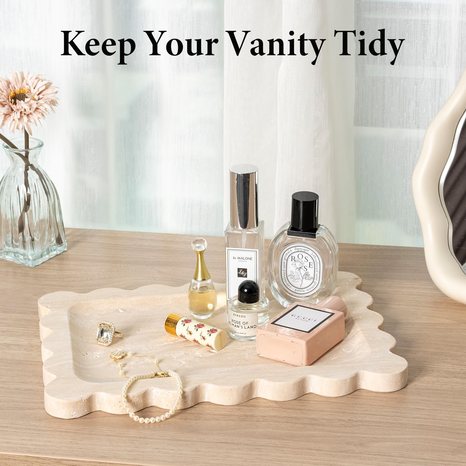 Koville scalloped marble tray dresser top organizer for cosmetics and keys