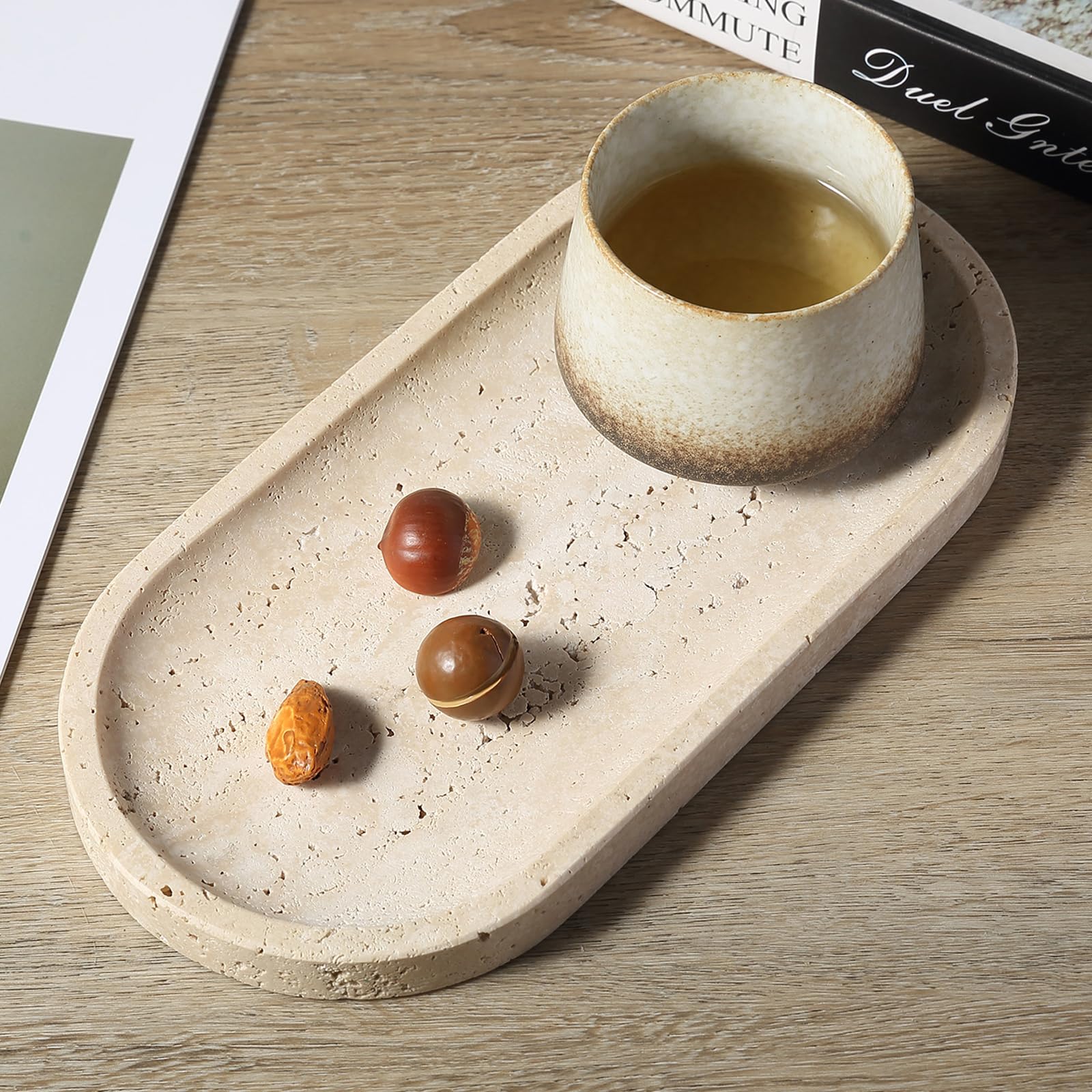 Koville travertine tray anti-slip base stabilizing on smooth surface.