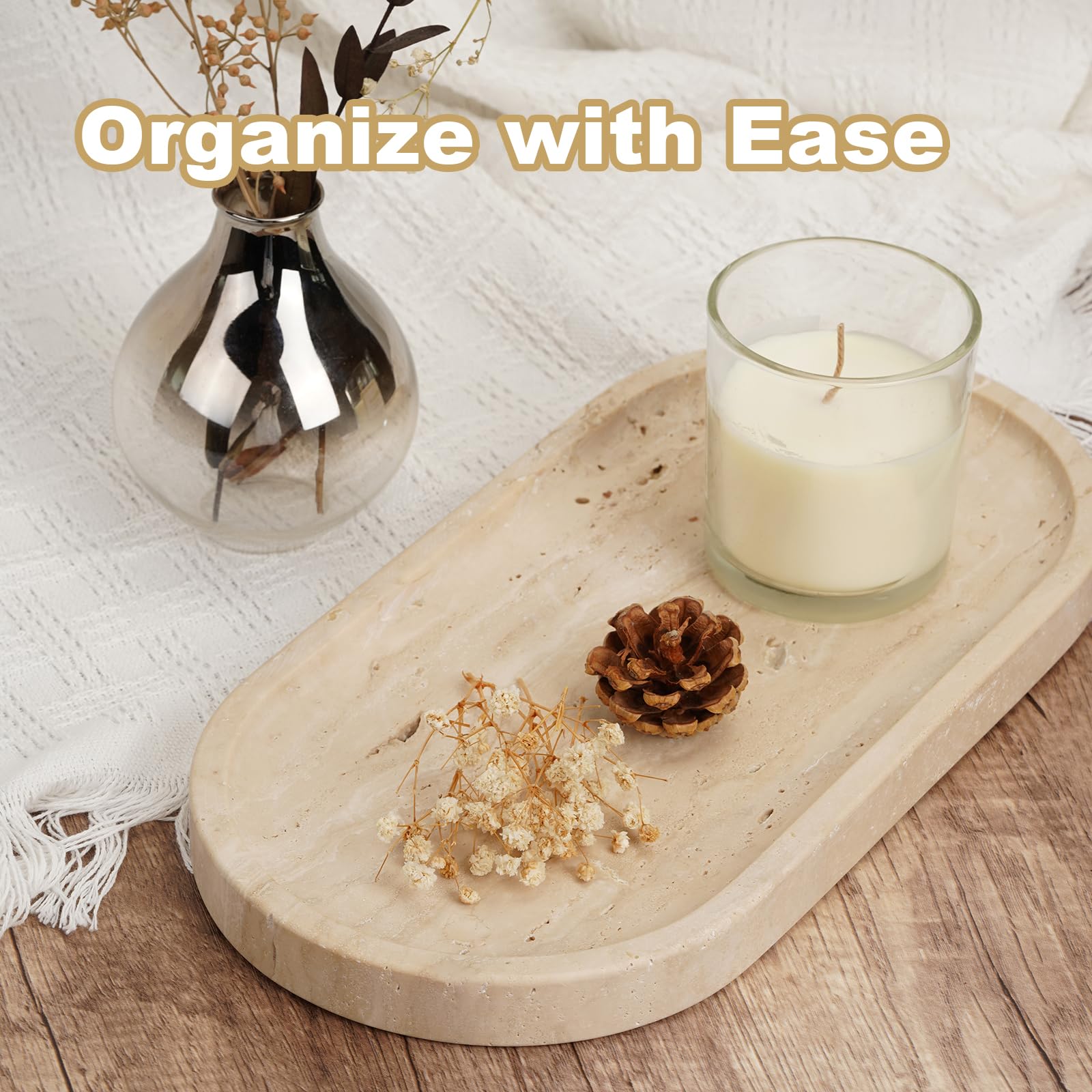 Koville Travertine Tray with candles on bathroom counter adds refined focal point.
