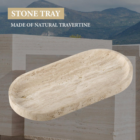 Koville travertine tray used for cosmetics storage with marble texture.