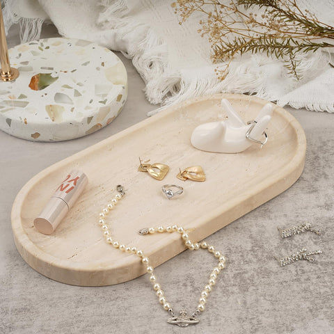Koville Travertine Tray on dresser top keeps small keepsakes neatly.
