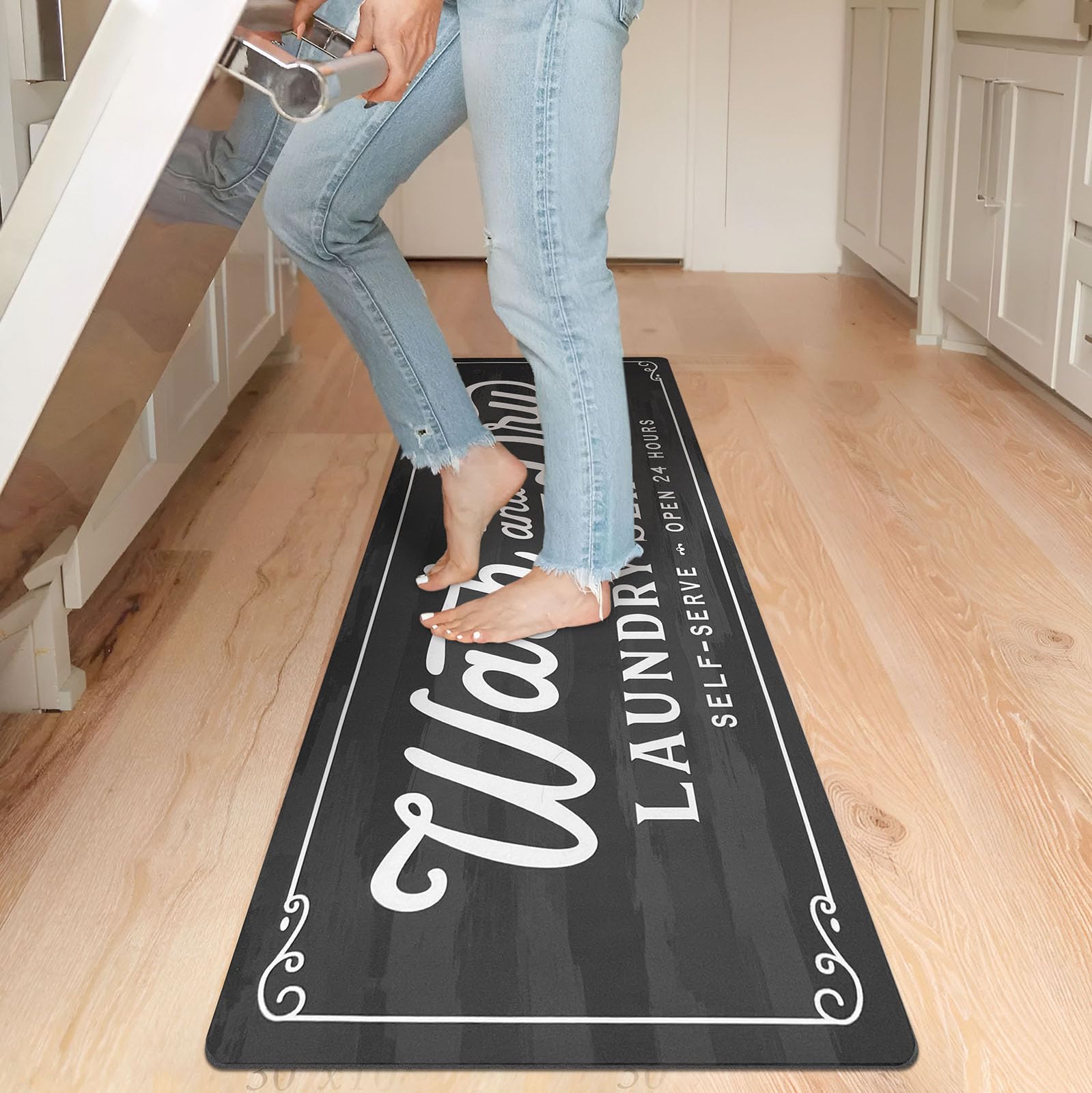 KOZYFLY anti-fatigue rug with cushioned backing for comfortable standing.