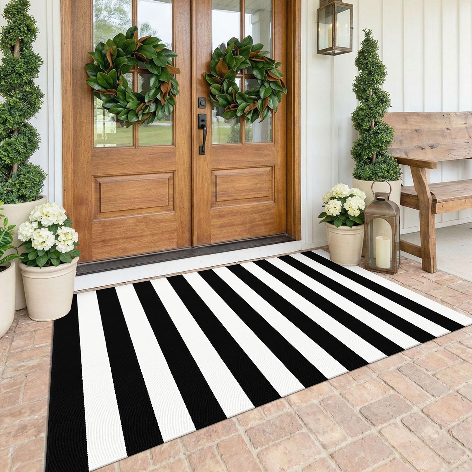 KOZYFLY black and white striped rug—4x6 ft, ideal for indoor outdoor entryways with lasting color.