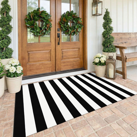 KOZYFLY black and white striped rug—4x6 ft, ideal for indoor outdoor entryways with lasting color.