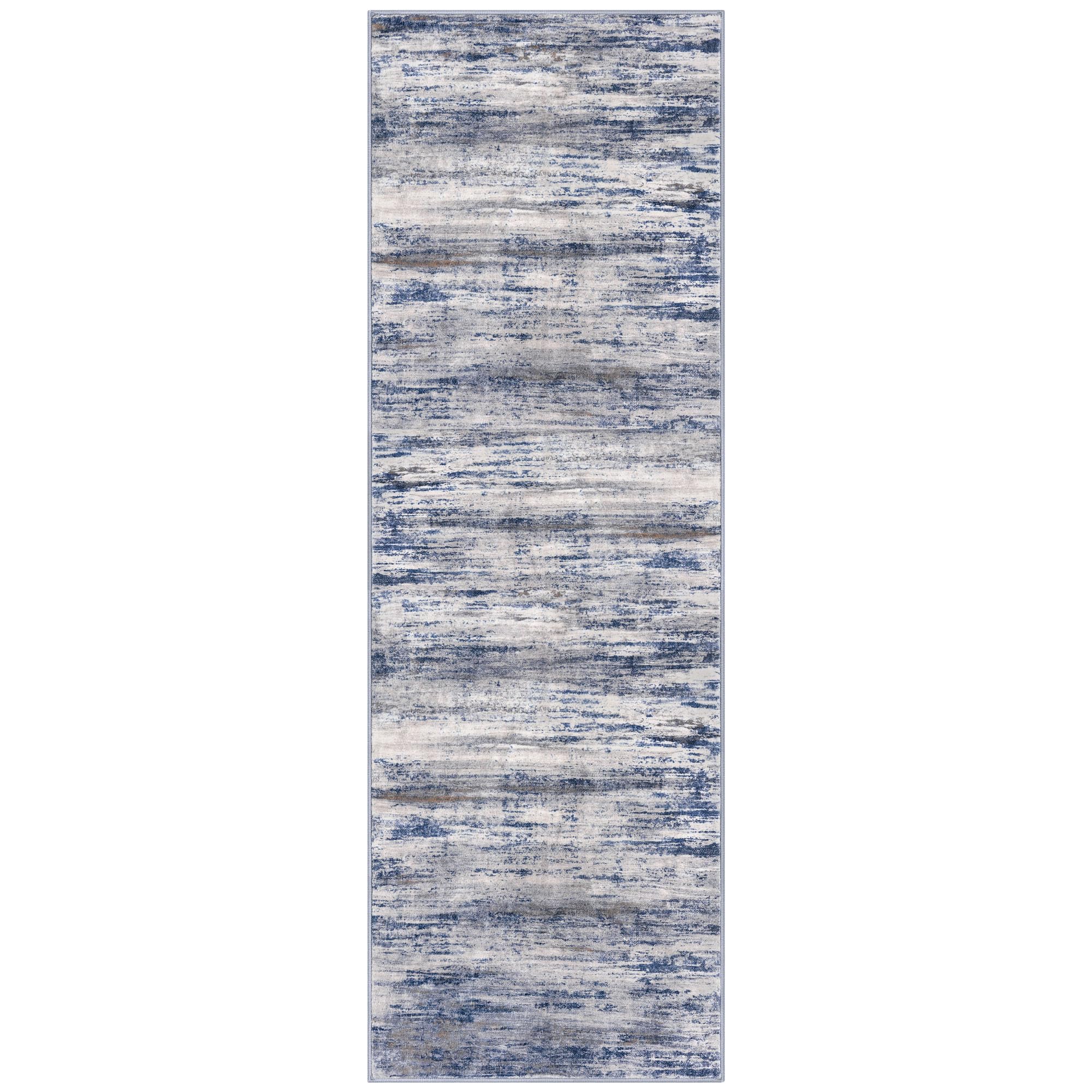 KOZYFLY abstract rug in blue-gray tones complements busy homes.