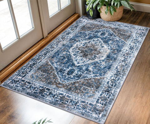 KOZYFLY Boho rug 3x5 blue medallion pattern elevates entryways with soft, stylish comfort.