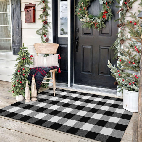KozyFly buffalo plaid rug at the front door adds welcoming style and durable entryway appeal.