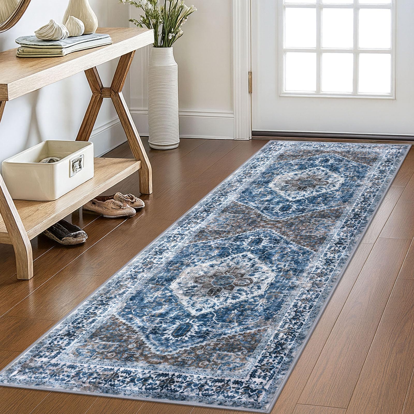 KOZYFLY hallway runner with blue-medallion design for soft, inviting steps.