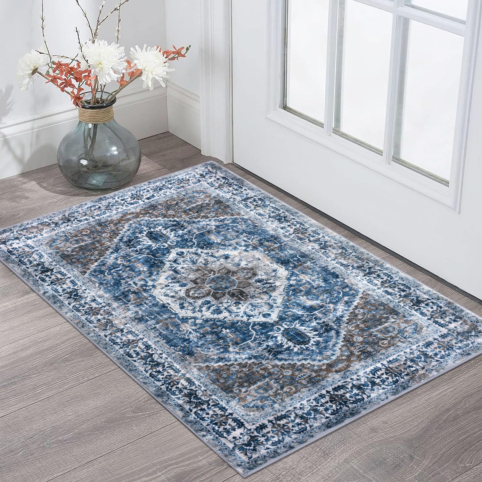 KOZYFLY 2x3 medallion rug in blue-brown-white for stylish entryways