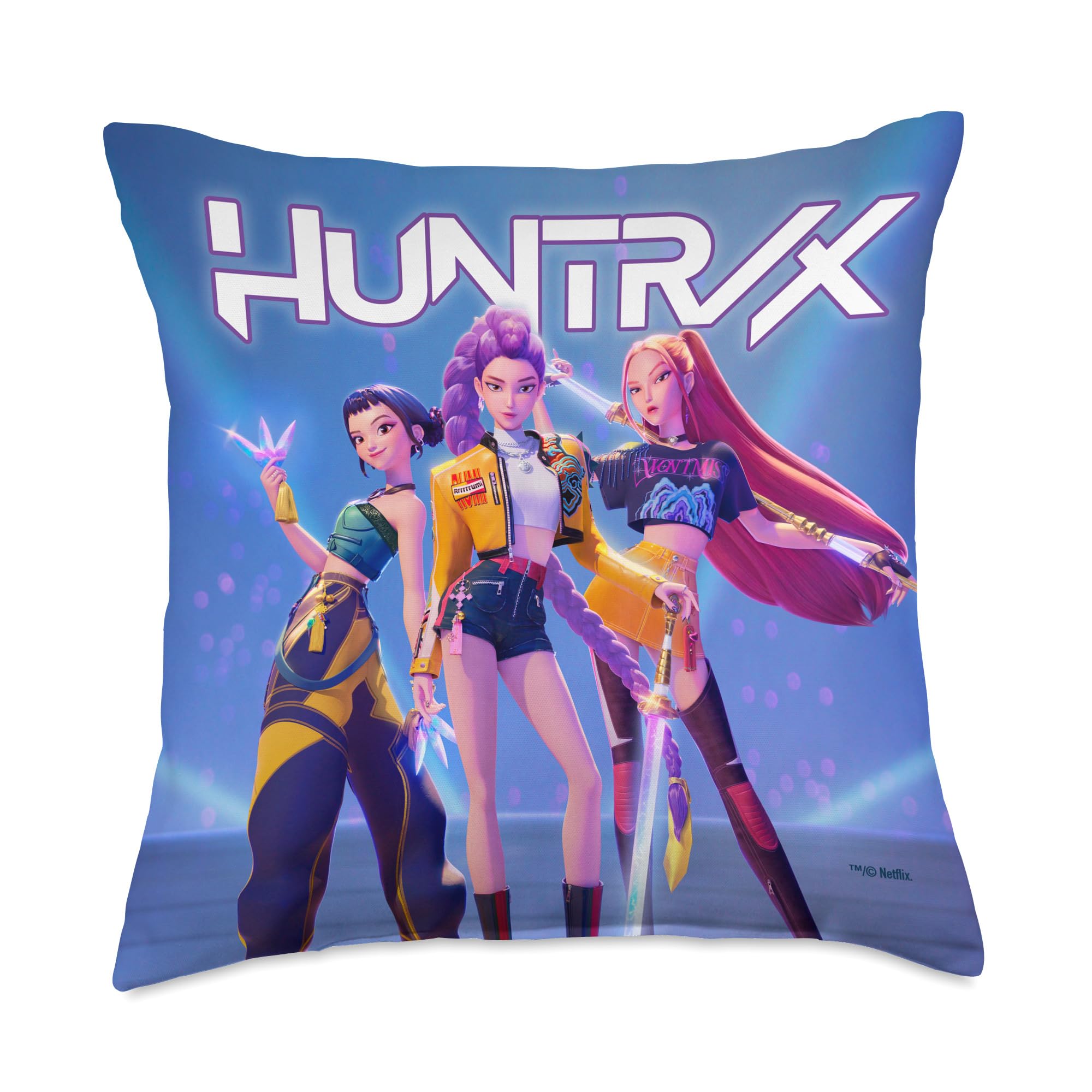 KPop Demon Hunters HuntrX throw pillow front view highlights bold design for stylish seating.
