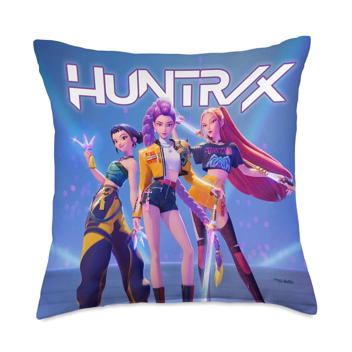 KPop Demon Hunters HuntrX throw pillow front view highlights bold design for stylish seating.