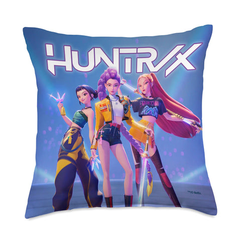 KPop Demon Hunters HuntrX throw pillow front view highlights bold design for stylish seating.