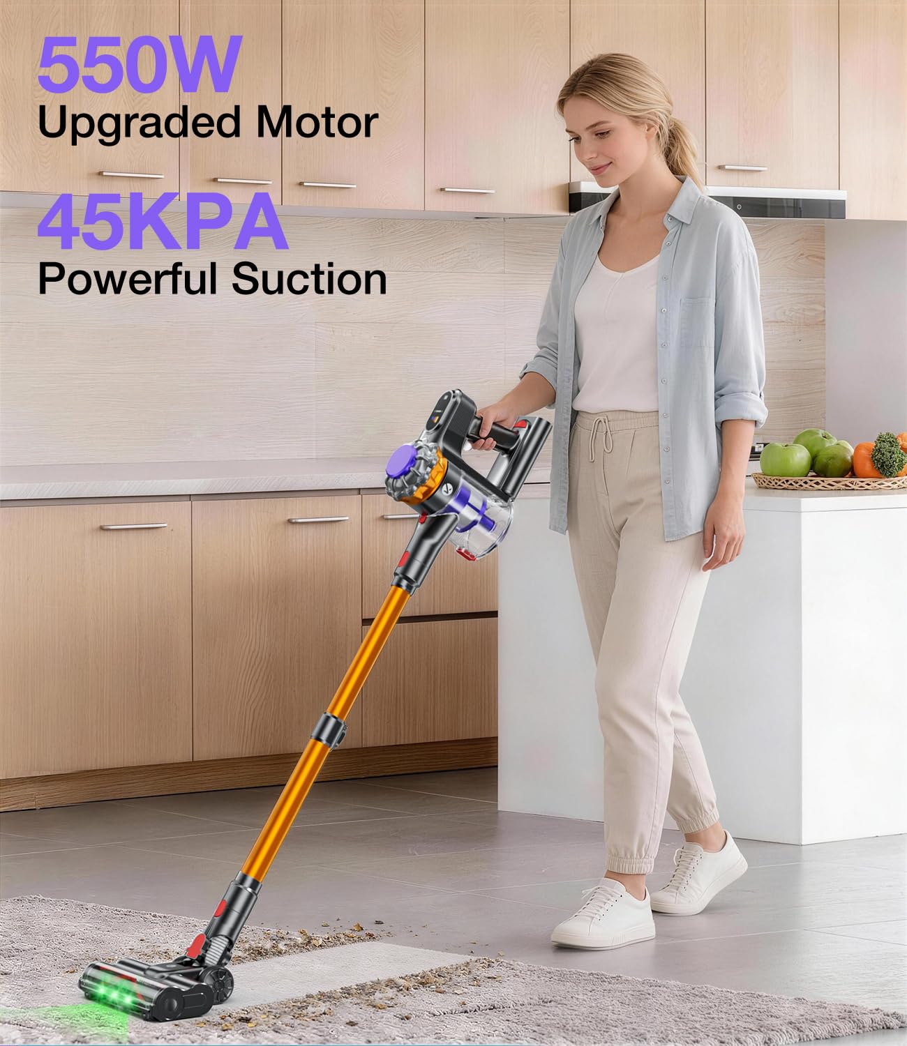 KQAHA vacuum shows suction level and battery on the smart LED display.