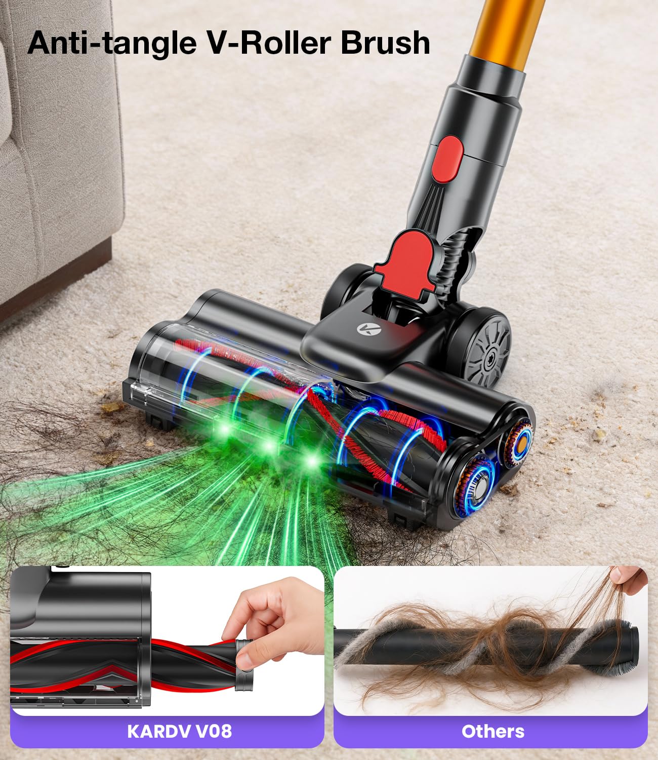 KQAHA anti-tangle V-shaped brush prevents hair wrap on floors.