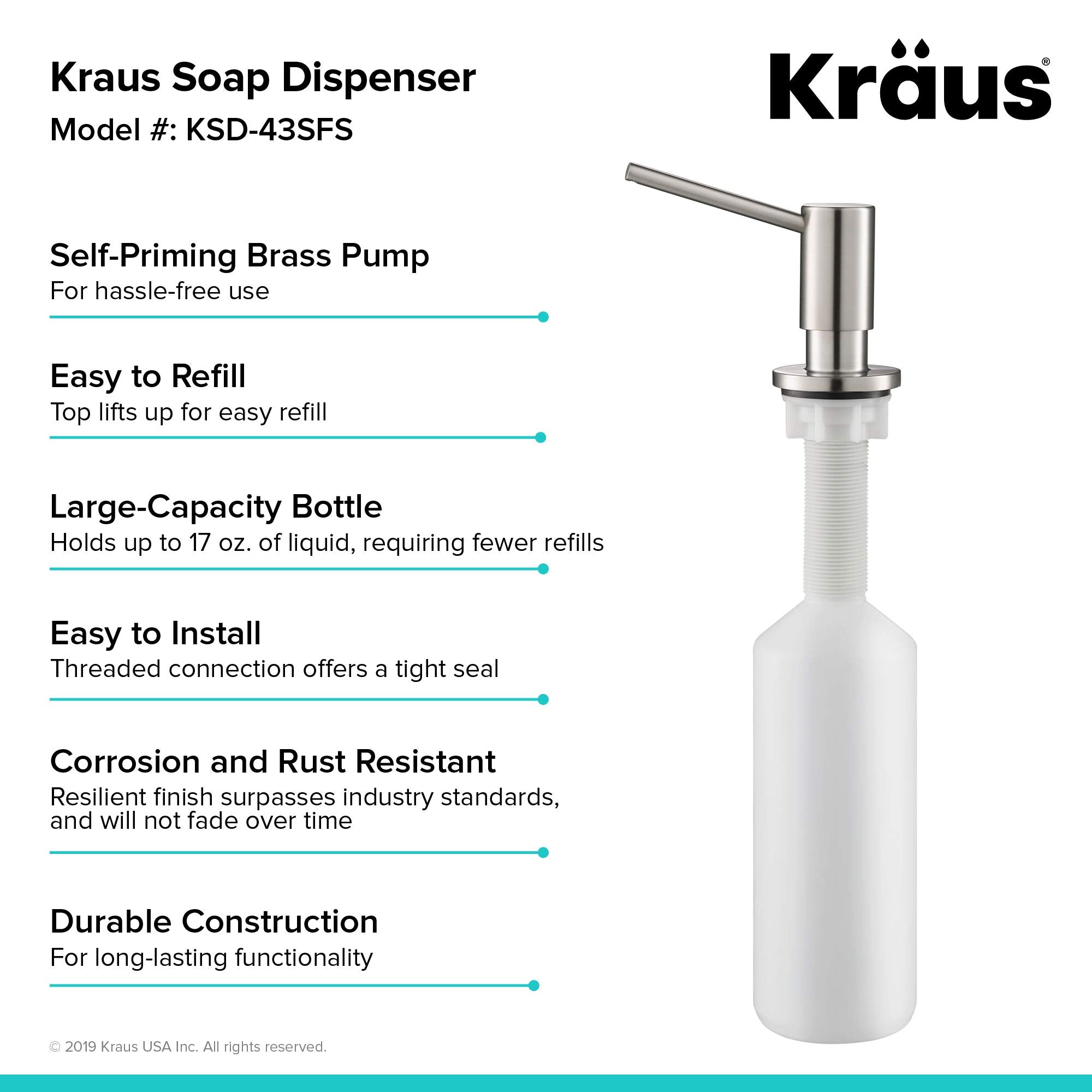 Kraus KSD-43SFS top-fill bottle for mess-free refills.