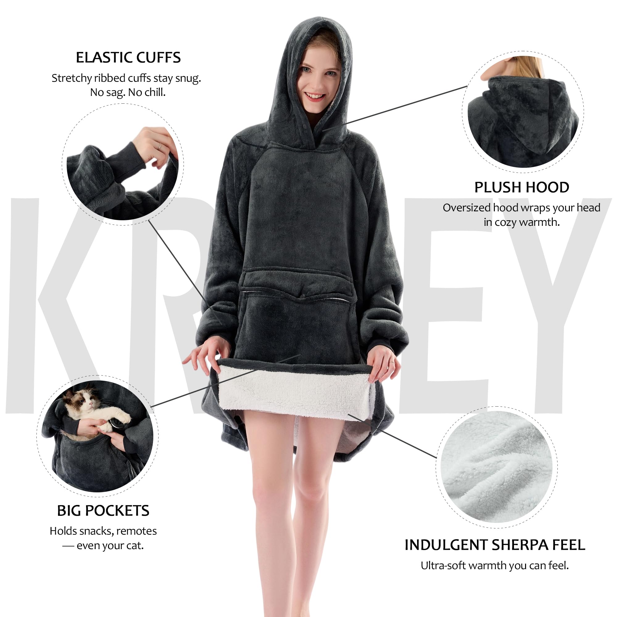 Krifey hooded blanket hoodie with snaps for a secure, relaxed fit.