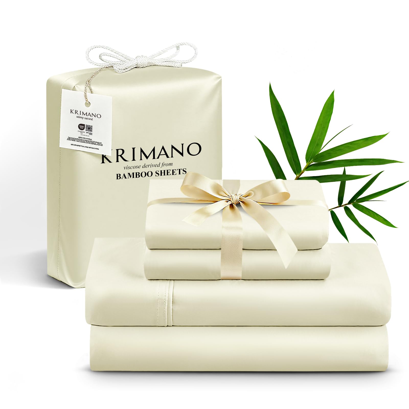 KRIMANO king size flat sheet creme showing silky bamboo fabric for cooling comfort