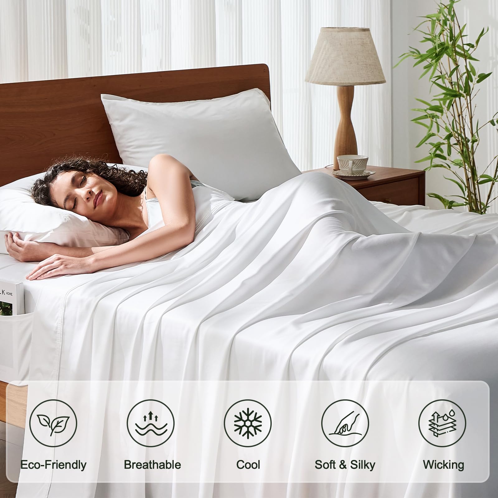 KRIMANO queen bamboo sheets in pristine white bedroom setting.