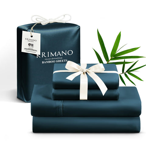 KRIMANO queen bamboo sheets navy close-up reveals silky texture for cooling nights.