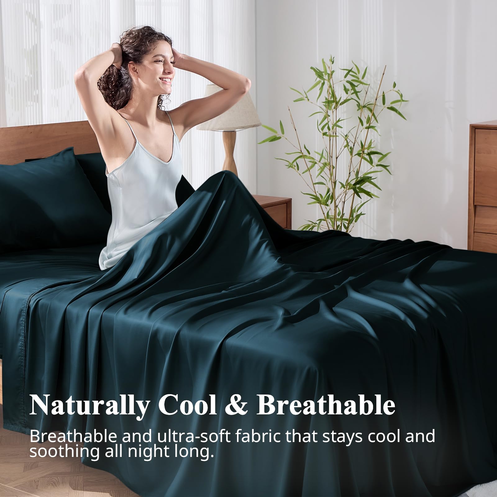 KRIMANO queen bamboo sheets navy deep pocket detail with secure elastic band.