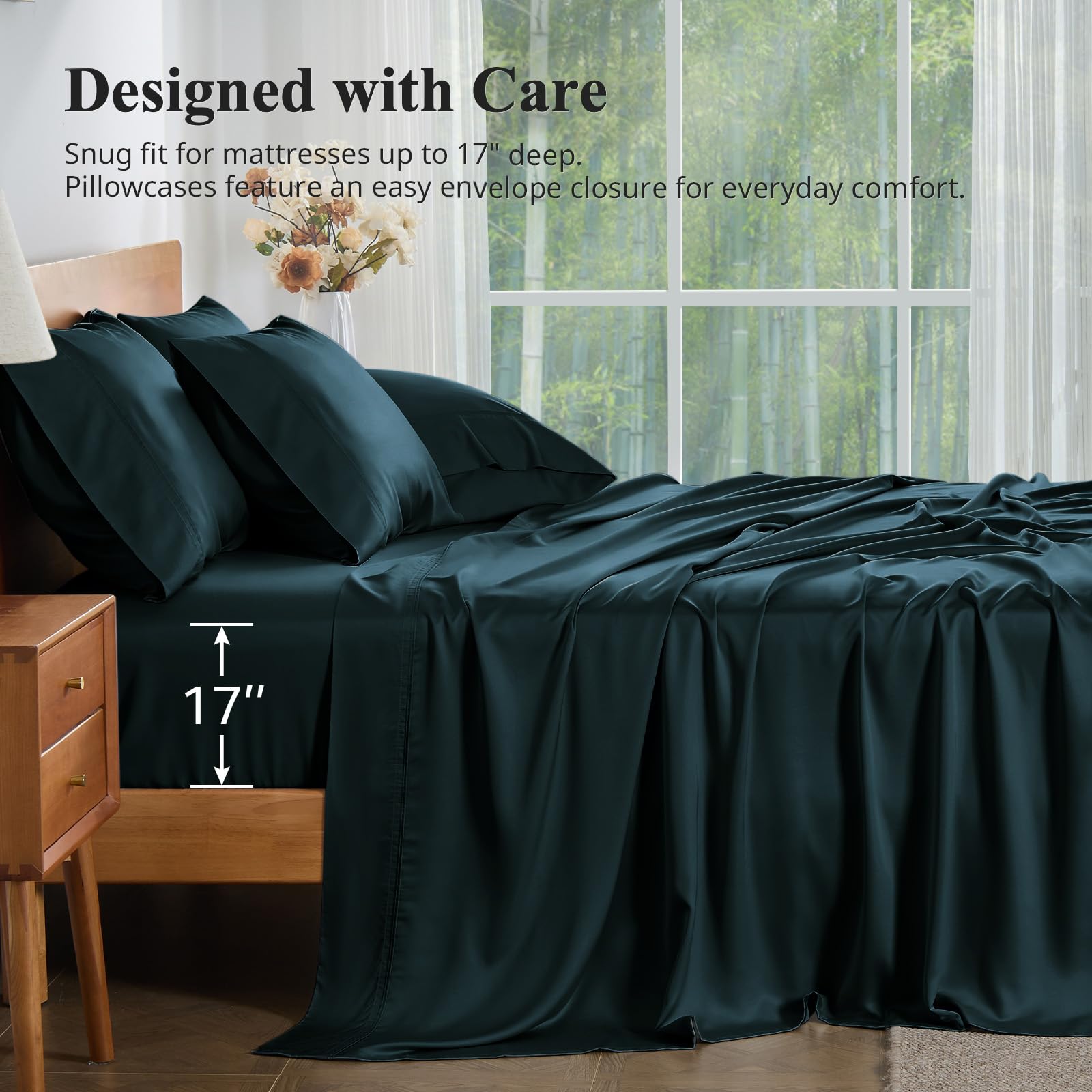 KRIMANO queen bamboo sheets navy packaging ready-to-use set.