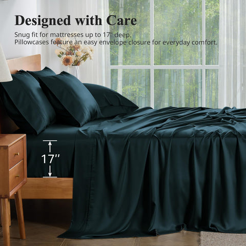 KRIMANO queen bamboo sheets navy packaging ready-to-use set.