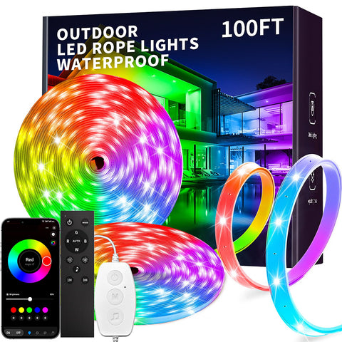 KSIPZE 100ft outdoor LED strip showing IP68 waterproof durability for exterior lighting.