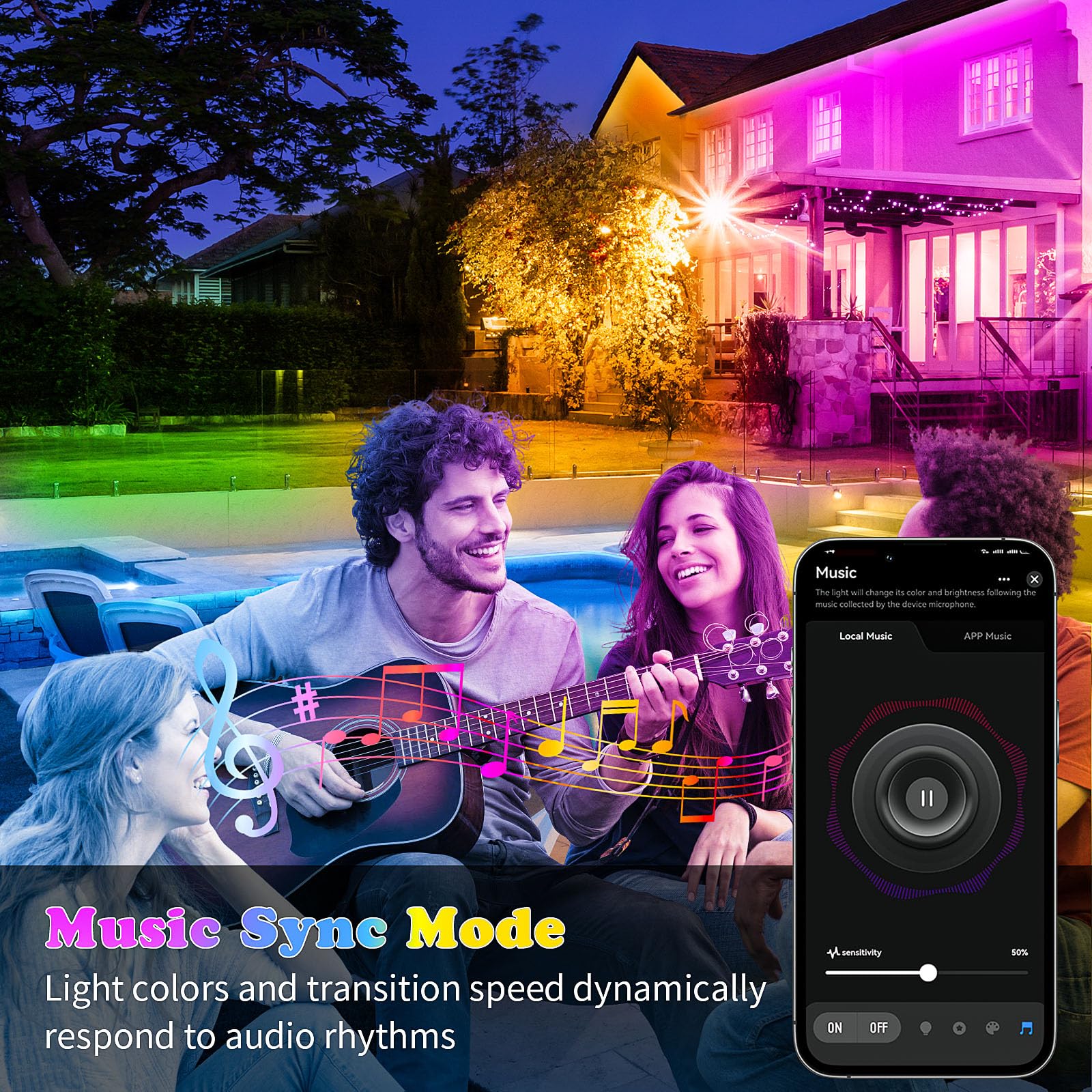 KSIPZE outdoor LED strip music sync mode lights to rhythm